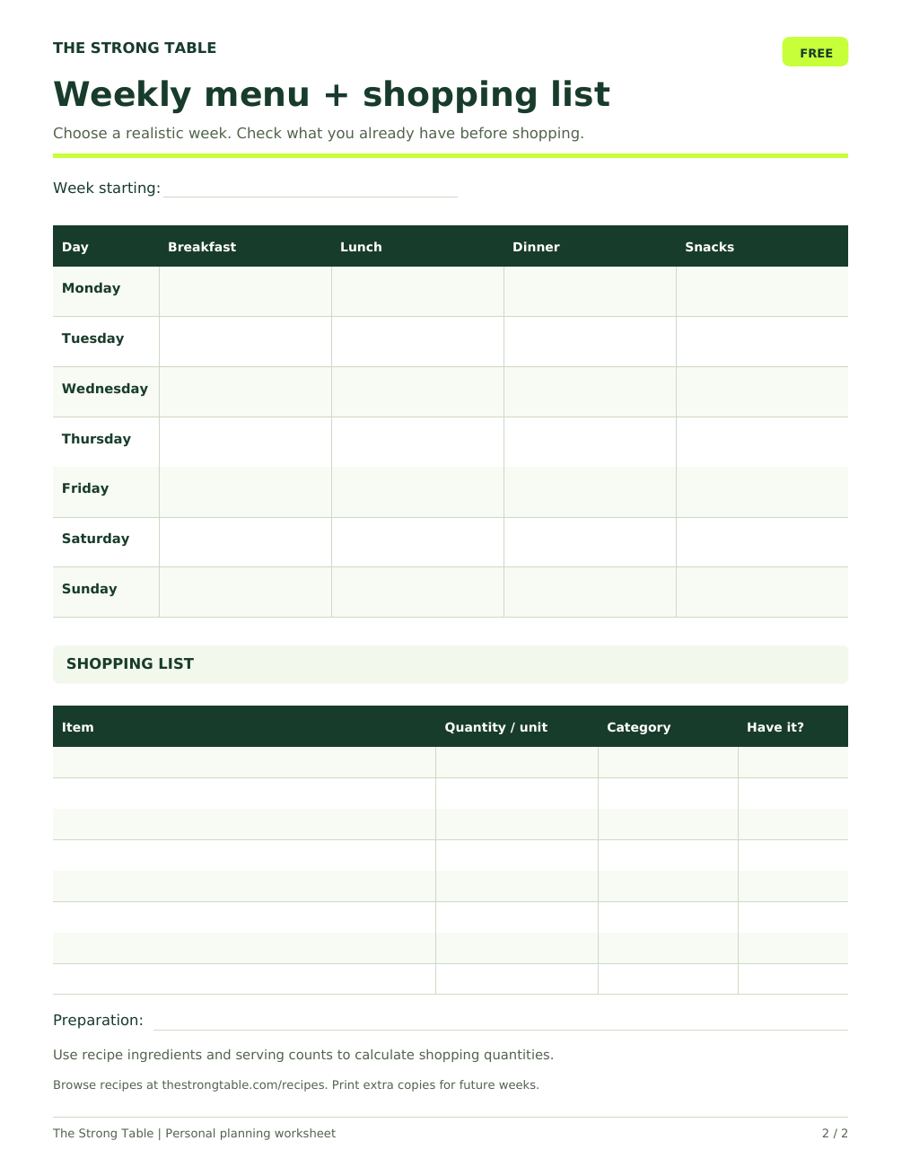 Page 2 of Daily macros & weekly meal printout